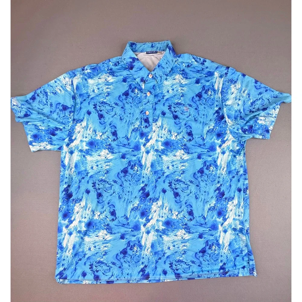 Hreski Polo Shirt‎ Mens XXL Blue Marble Swirl Abstract Print Short Sleeve Golf